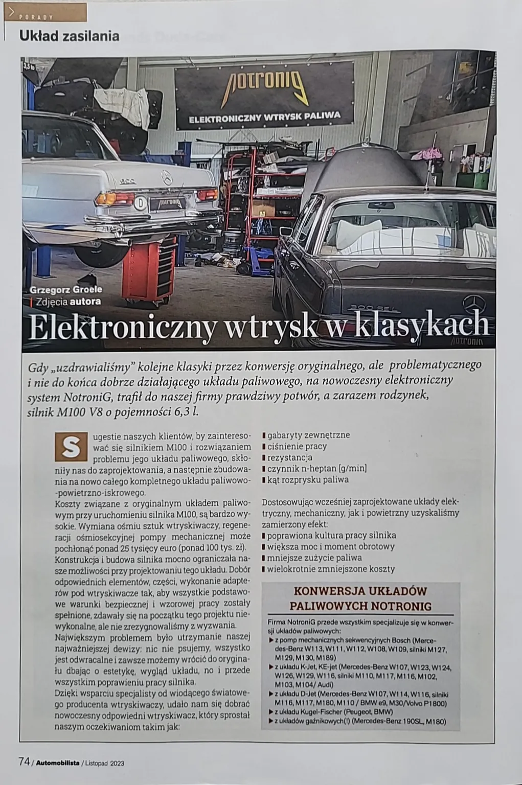Skan strony 74 magazynu Automobilista, listopad 2023 — artykuł o konwersji silnika M100
