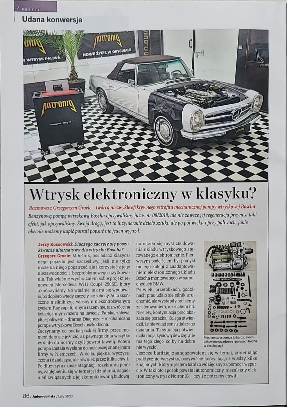Skan strony 86 magazynu Automobilista, luty 2023 — początek wywiadu o NotroniG