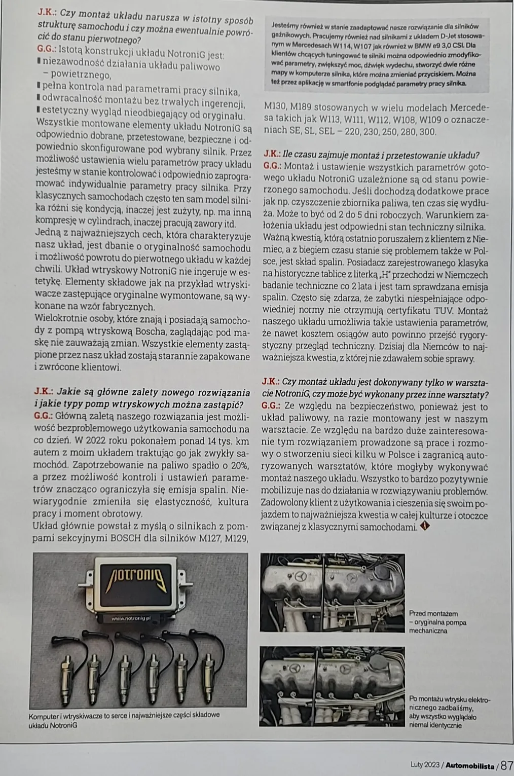Skan strony 87 magazynu Automobilista, luty 2023 — dalsza część wywiadu o NotroniG