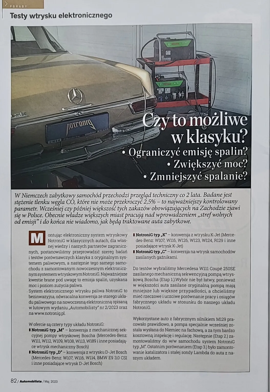 Skan strony 82 magazynu Automobilista, maj 2023 — testy wtrysku elektronicznego NotroniG